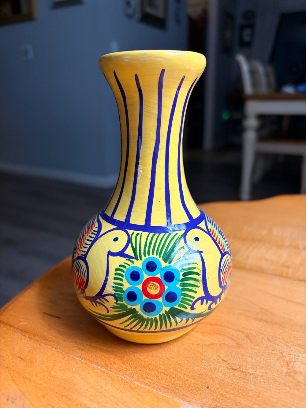 Hand-Painted Mexican Terracotta Vase with Birds and Floral Motif